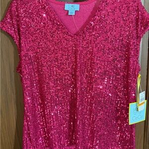 CeCe Red Sequin Short Sleeve Top
